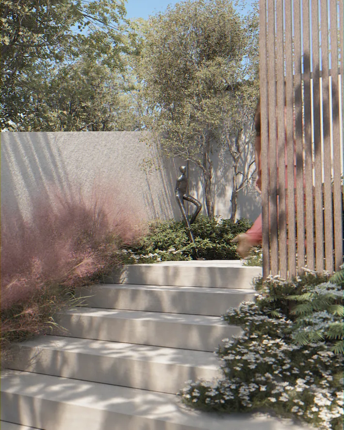 Gartenzugang mit Sichtschutz aus Lamellenzaun und Pflanzfläche mit Skulptur