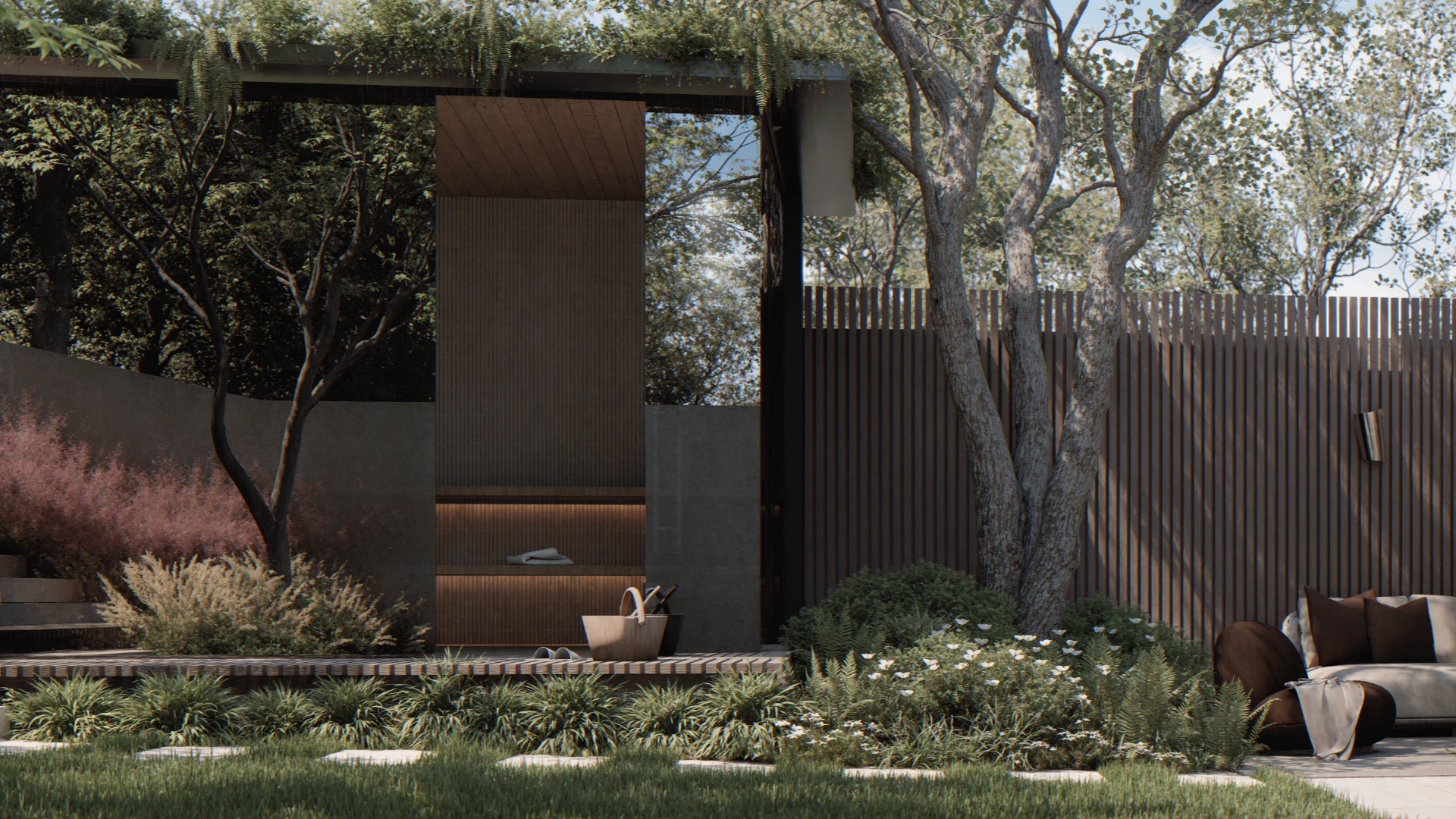 Moderne Gartensauna mit verspiegelter Glasfläche, Holzsteg und Trittplattenweg