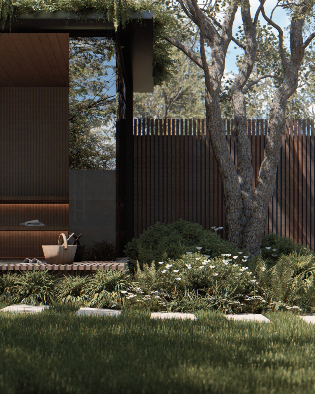 Moderne Gartensauna mit verspiegelter Glasfläche, Holzsteg und Trittplattenweg