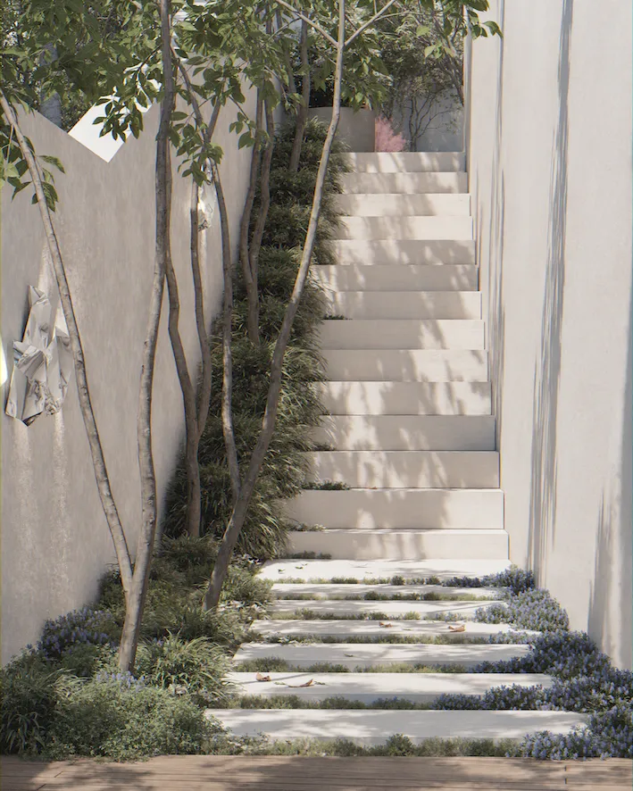 Moderne Gartensauna mit verspiegelter Glasfläche, Holzsteg und Trittplattenweg