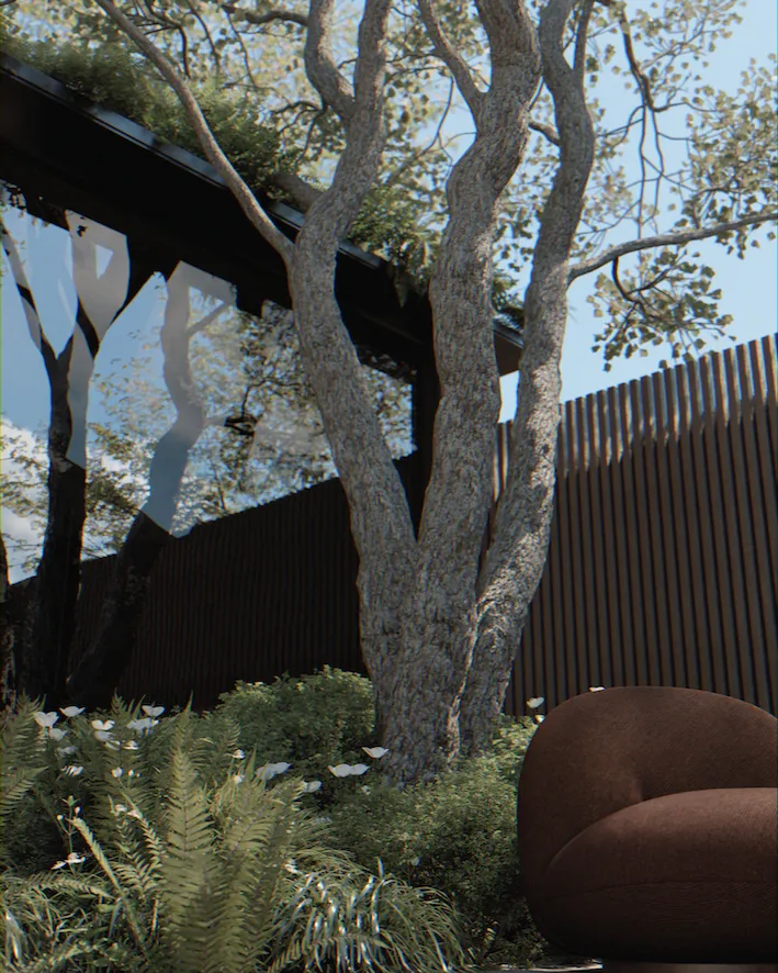 Moderne Gartensauna mit verspiegelter Glasfläche, Pflanzkonzept und Pacha