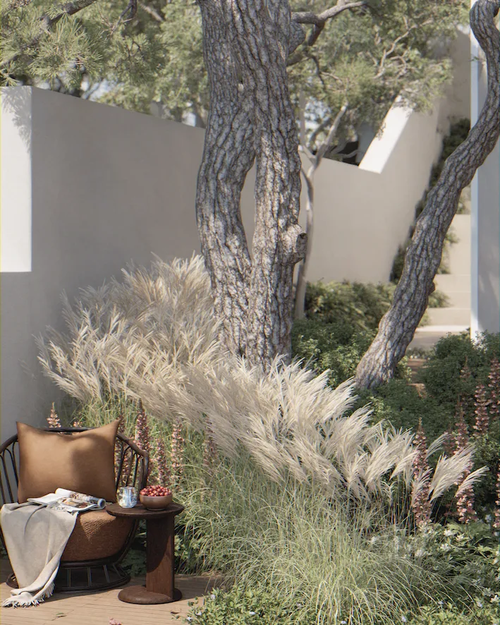 Outdoor-Loungechair mit Pflanzböschung und charaktervoller Kiefer