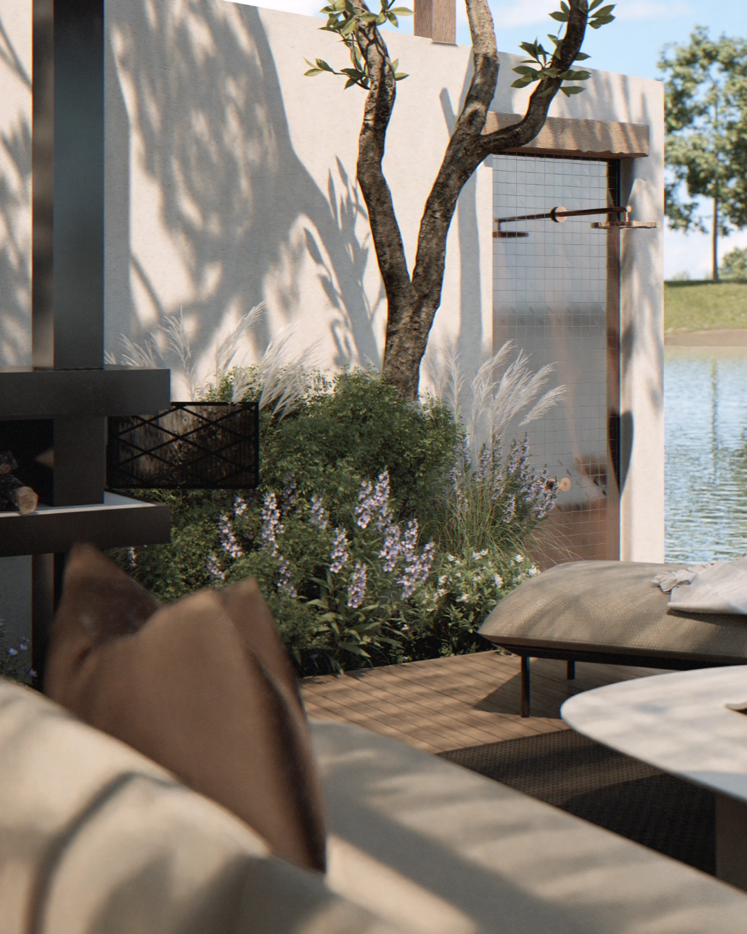 Outdoor-Kamin mit dekorativer Pflanzfläche und Outdoor-Dusche