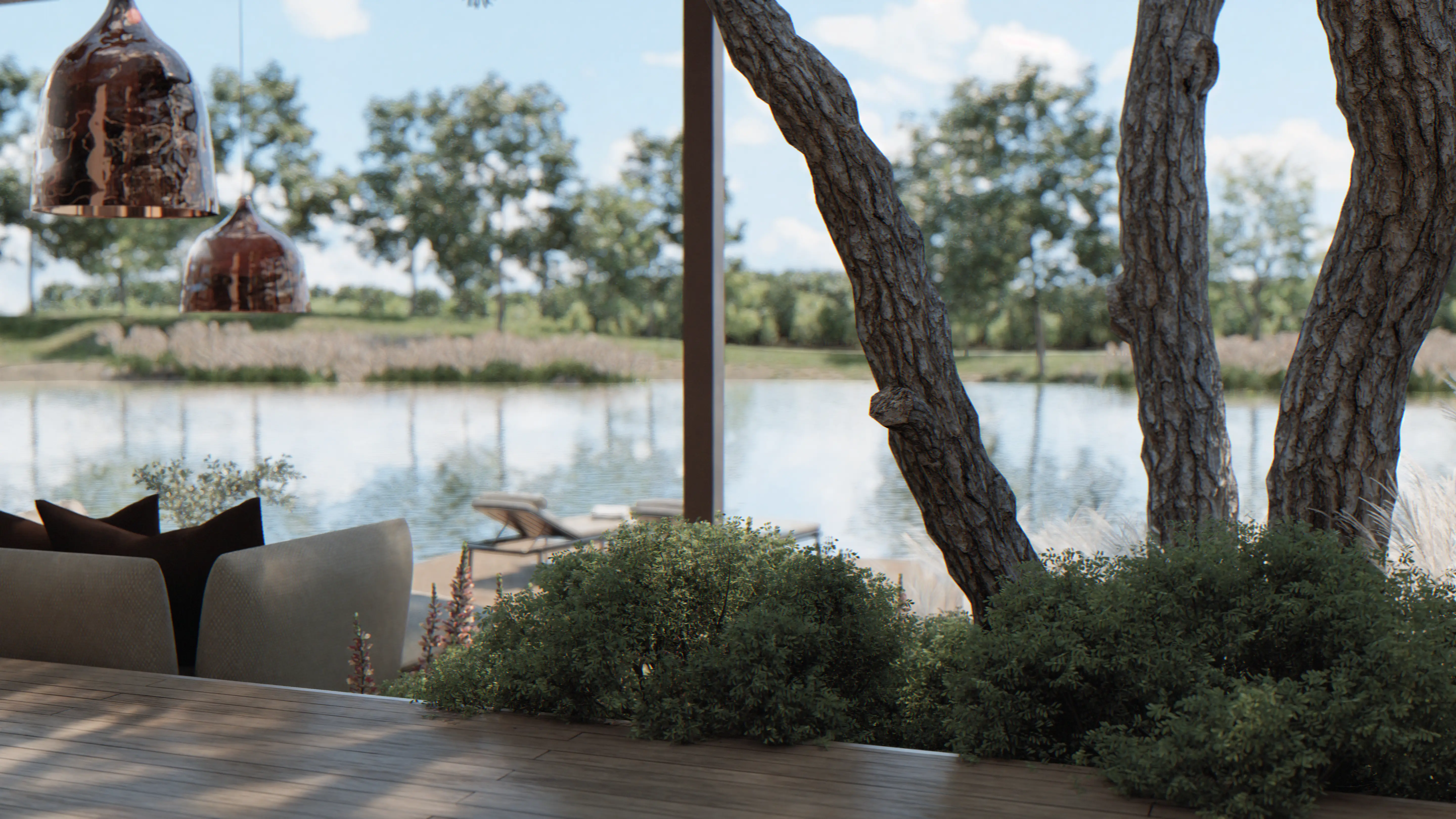 Der Garten rahmt den Blick aufs Wasser