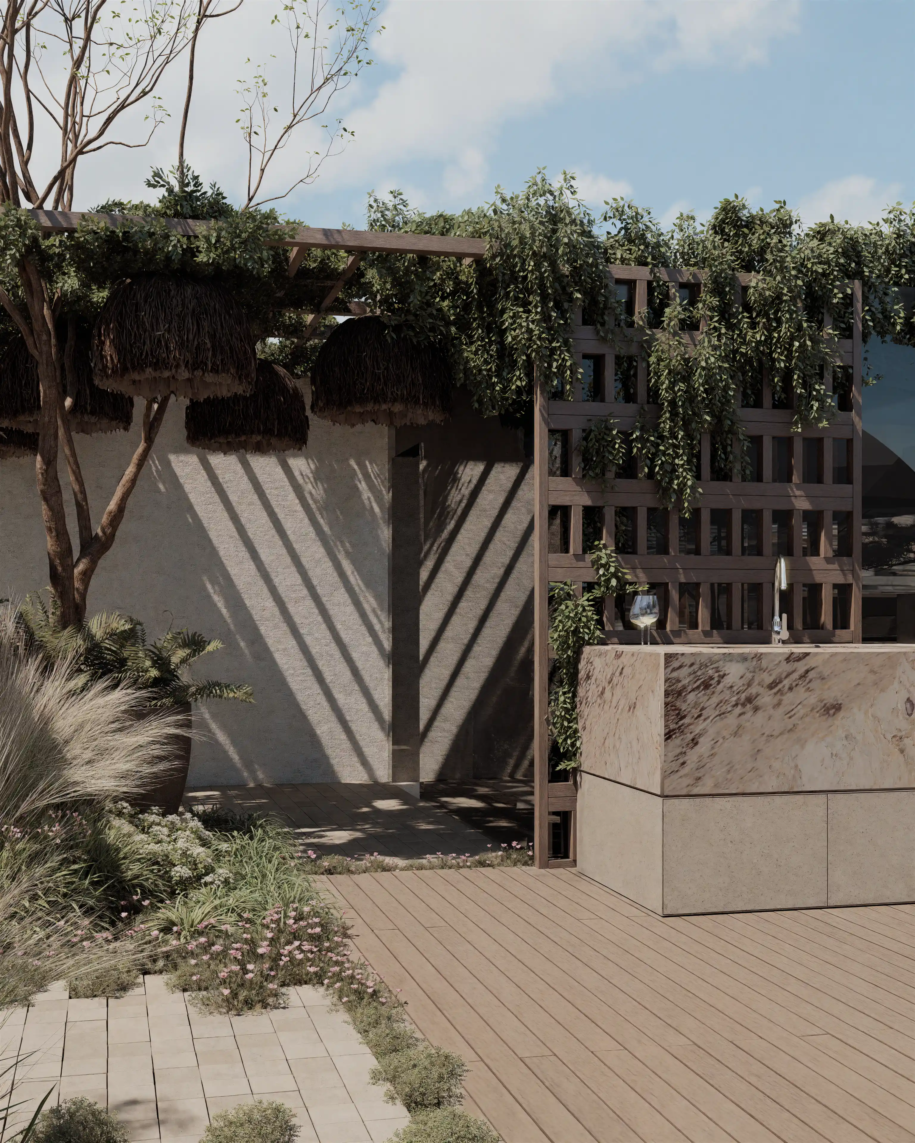 Outdoor-Küche und Pergola auf einer Dachterrasse