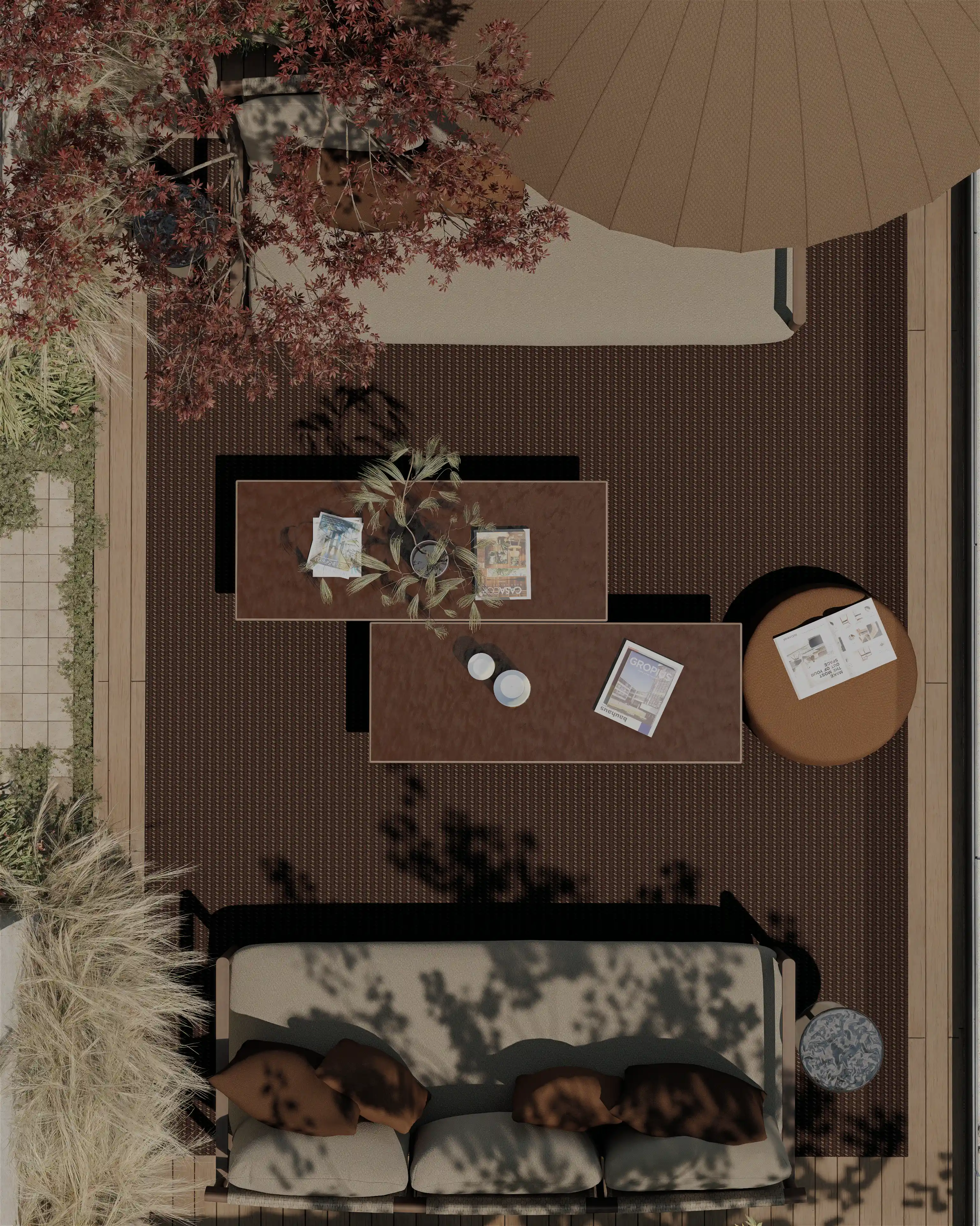 Lounge mit Kaffeetisch auf einer Dachterrasse