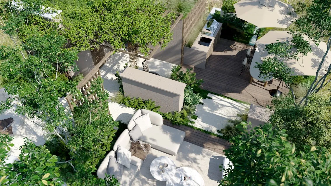 Eine Dachterrasse in einem Wiener Innenhof mit einer Outdoor-Küche und einem Loungebereich