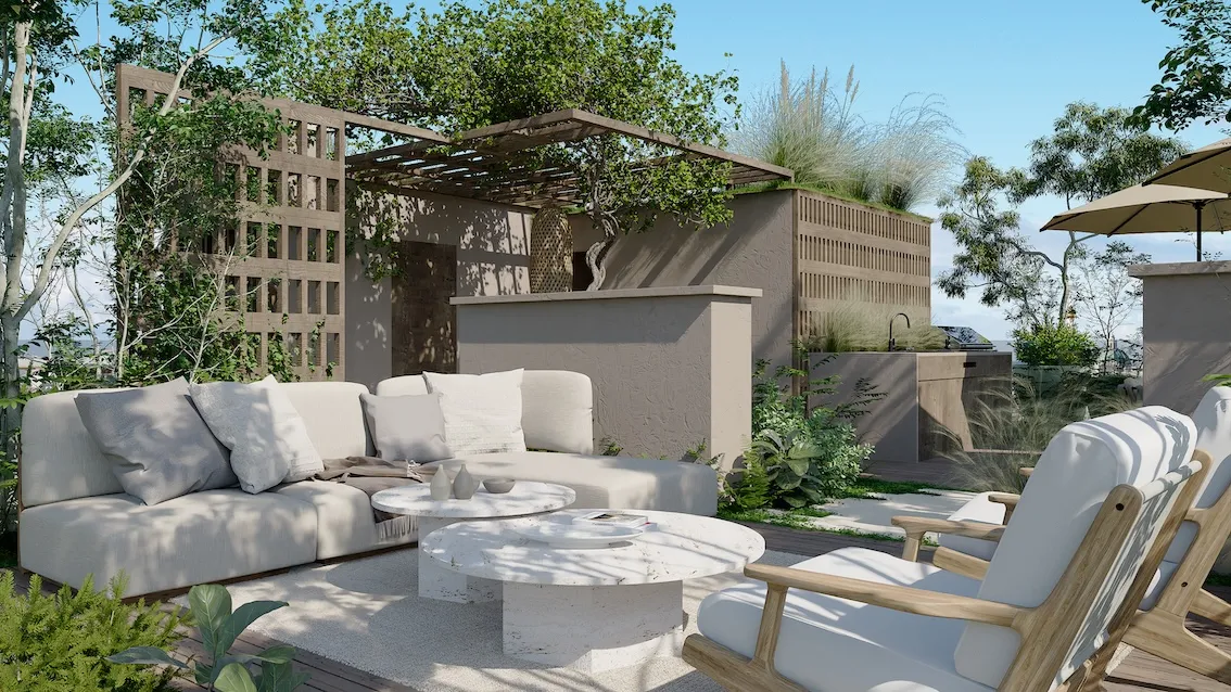 Eine Dachterrasse in einem Wiener Innenhof mit einer Pergola aus Holz