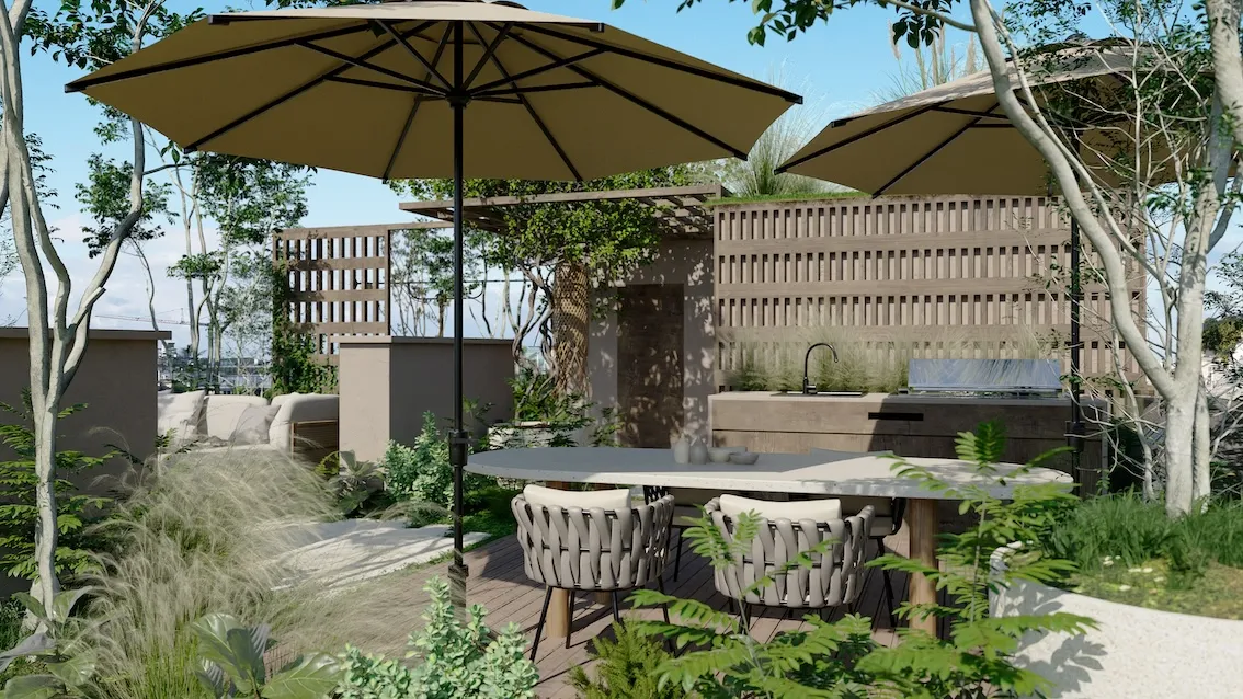 Eine Outdoor-Küche mit Esstisch und Sonnenschirmen auf einer Dachterrasse in Wien