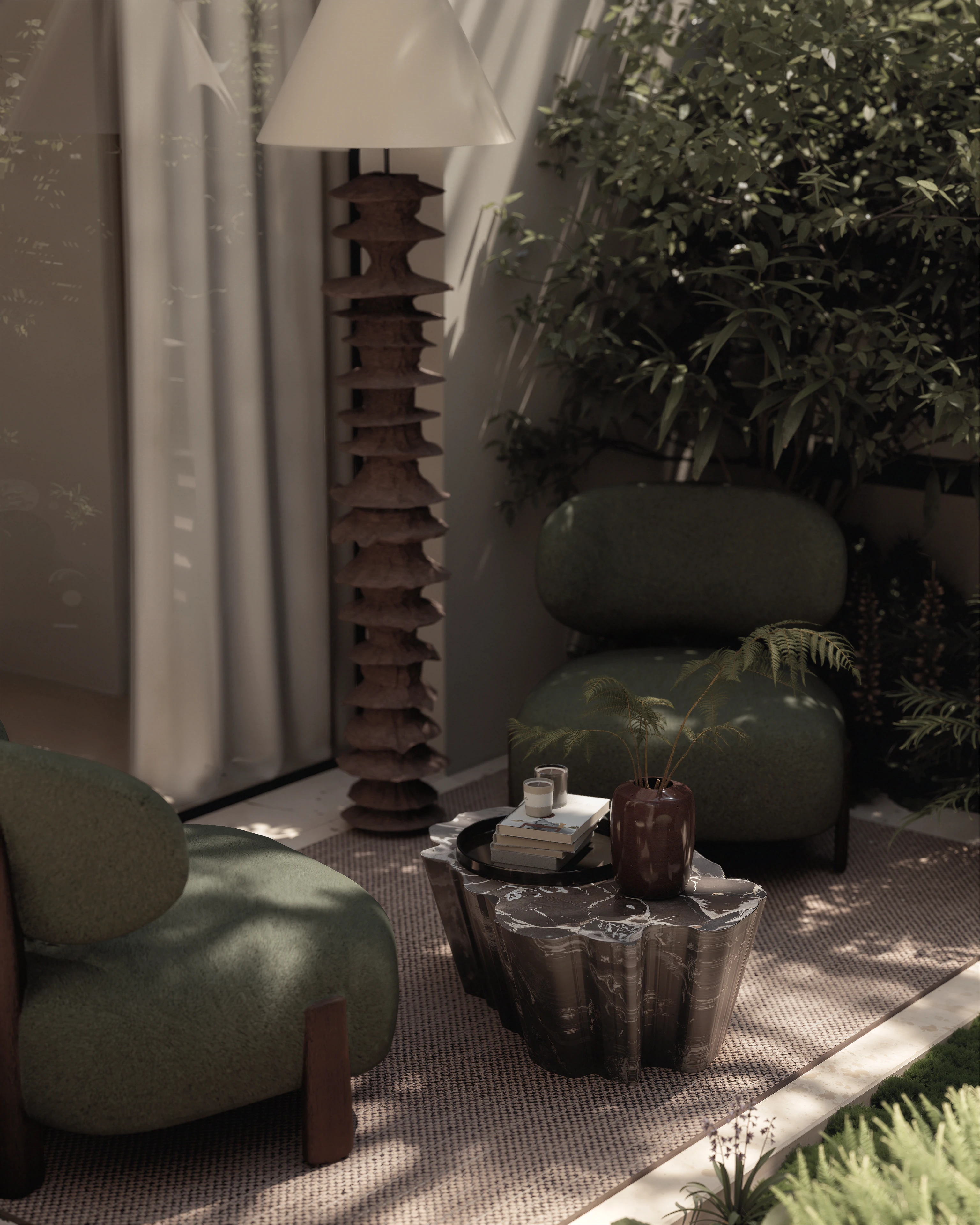 Innenhof Lounge mit Waldpflanzen und modernen Outdoor-Möbeln. Gartengestaltung Verborgener Hain Wien