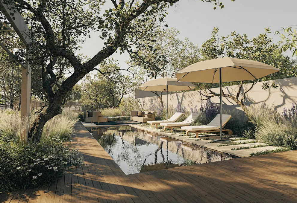 Pools und Sonnenliegen im Garten