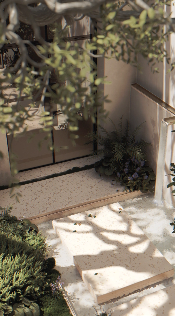 Vogelperspektive auf Innenhofgestaltung mit Wasserbecken und Baumbestand. Verborgener Hain Wien